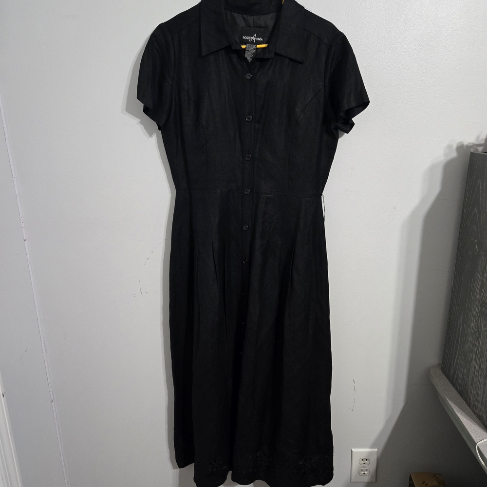 M#11 Positive Attitude Elegant Black Button-Up Dress 55% Linen Size‎ 8
